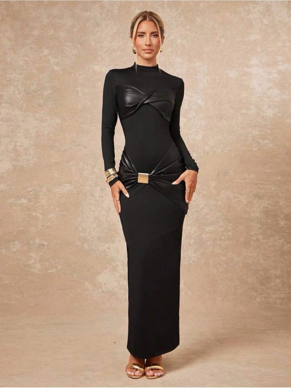 New Arrivals ! Elegant Black Long Sleeve Maxi Dress with Faux-Leather Detail